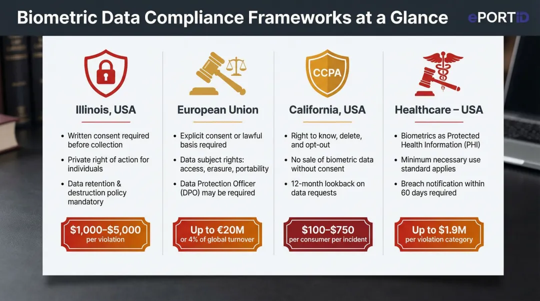 Biometric data compliance regulations comparison chart BIPA GDPR CCPA HIPAA