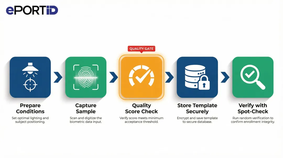 Biometric user enrollment process flow from capture to verification and template storage