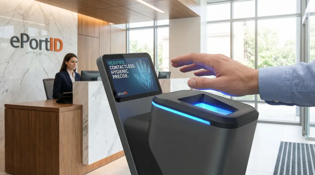 ePortID palm vein scanner performing contactless biometric authentication in banking environment