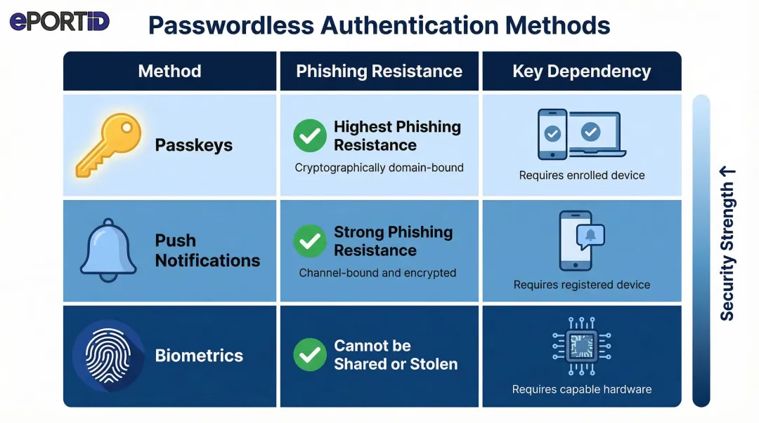 Passwordless authentication methods comparison chart phishing resistance and key dependencies