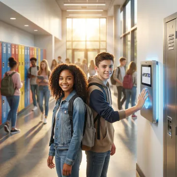 Students using contactless palm vein scanner for school attendance verification