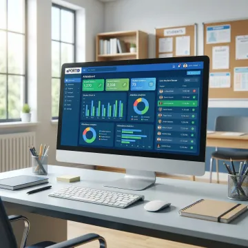 School administrator reviewing real-time attendance dashboard on computer