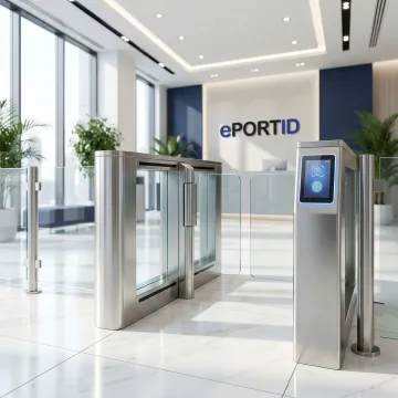 Modern office building entrance gate with advanced biometric security system installation