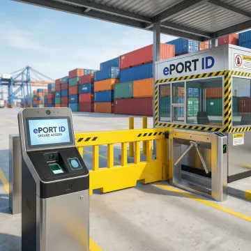 Modern port facility with biometric security gate system controlling vehicle and pedestrian access