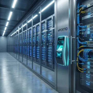 Biometric palm scanner mounted on data center server room door