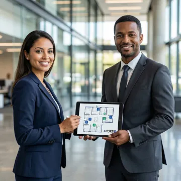 Security consultant reviewing biometric access control system blueprint with facility manager