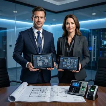 Security consultant reviewing biometric access control system blueprint with facility manager in server room