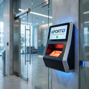 Modern biometric palm scanner mounted on secure facility entrance with professional lighting
