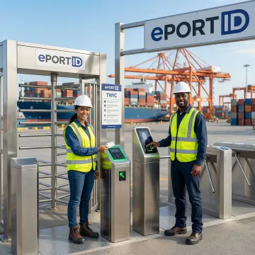 Secure maritime facility entrance with biometric access control system and TWIC verification