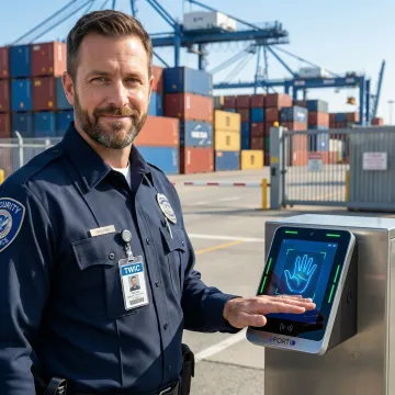 Maritime security professional using palm vein biometric scanner at seaport facility