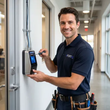 Technician installing a biometric reader at a secure commercial doorway