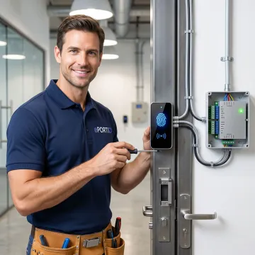 Technician installing biometric access control system