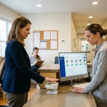 Childcare administrator reviewing attendance software