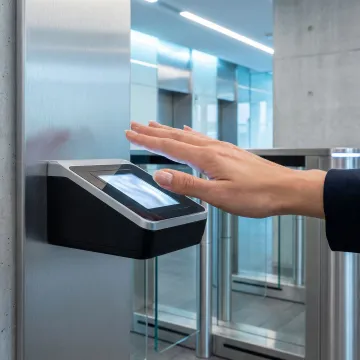 Contactless biometric palm scanner mounted at office building security gate