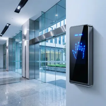 Modern biometric access control system with palm scanner at secure facility entrance