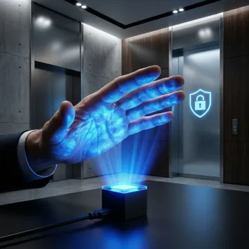 Close-up of hand hovering over contactless palm vein biometric scanner