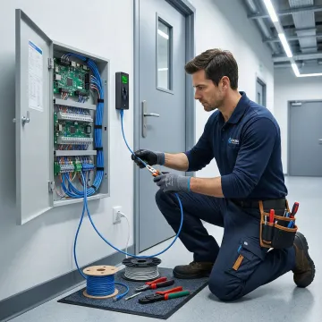 Security technician configuring biometric access control system integration with existing infrastructure