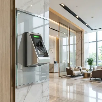 Modern biometric access control system with palm scanner at secure facility entrance