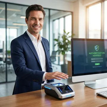 Professional using contactless palm vein biometric scanner for secure single sign-on authentication