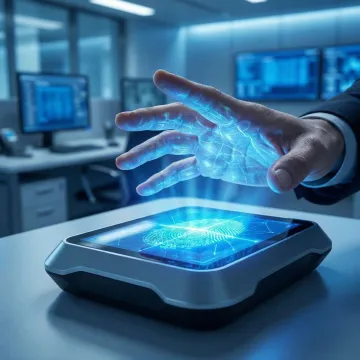 Secure biometric authentication system showing palm vein scanning technology in enterprise environment