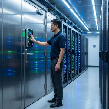 Data center technician using palm vein scanner for secure server room access