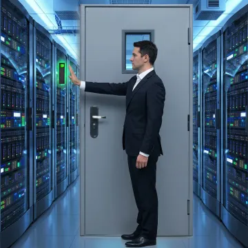 IT professional using contactless palm vein scanner to access secure server room