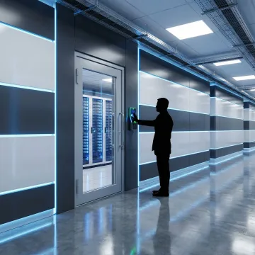 Secure data center access control with biometric palm vein scanner at server room entrance