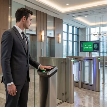 Advanced biometric palm vein scanner at facility entrance with visitor using contactless verification