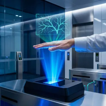 Close-up of contactless palm vein biometric scanner technology with authentication visualization