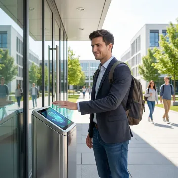 University student using palm vein scanner to access campus building