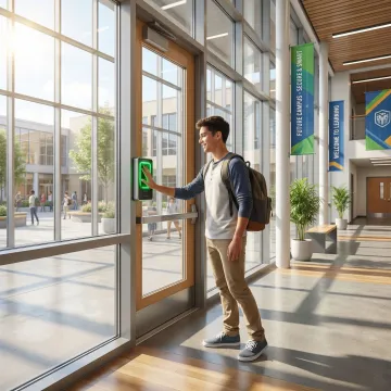 Students entering school building using contactless biometric palm scanner