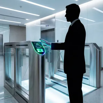 Close-up of contactless palm vein biometric scanner at industrial gate