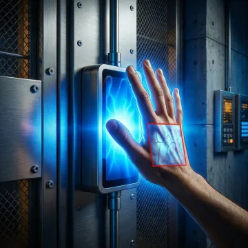 Modern biometric palm scanner mounted on secure facility door with professional hand scanning