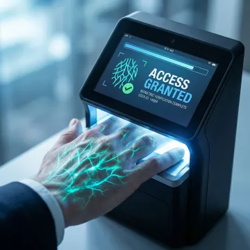 Hand hovering over palm vein biometric scanner with infrared vein pattern visualization overlay