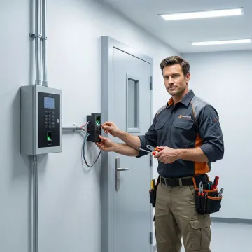 Security professional installing biometric access control system