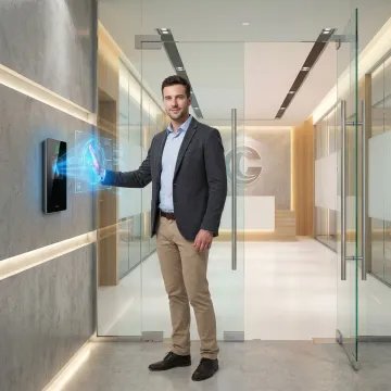 Biometric access control scanner installed at secure facility with employee scanning palm