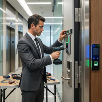 Modern biometric palm scanner mounted on secure facility entrance with professional installing access control system