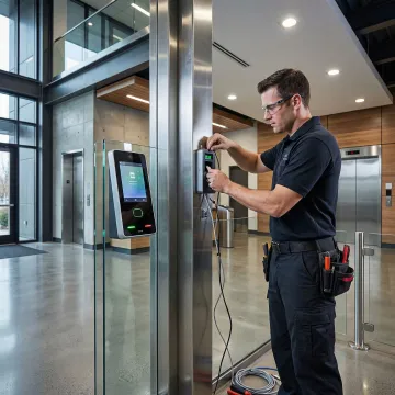 Professional installing contactless palm vein biometric scanner at secure facility entrance
