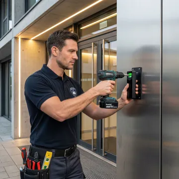 Technician installing biometric access control scanner on commercial door