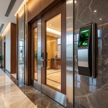Modern commercial building entrance with biometric access control system