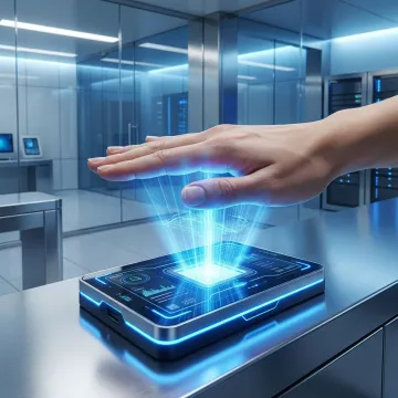 Close-up of hand using contactless palm vein biometric scanner