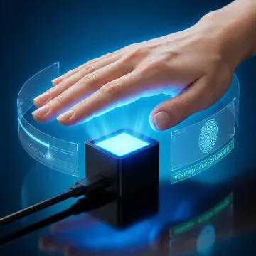 Close-up of hands using contactless palm vein biometric scanner with glowing verification interface