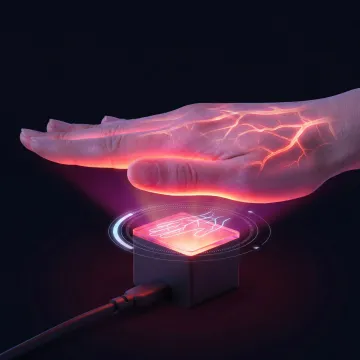 Close-up of hand hovering over palm vein biometric scanner showing contactless verification