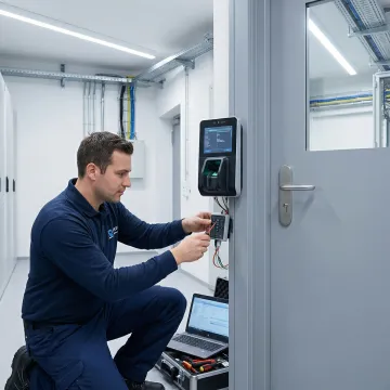 Professional installing contactless palm vein biometric scanner at secure facility entrance