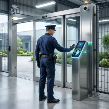 Technician demonstrating biometric gate access control