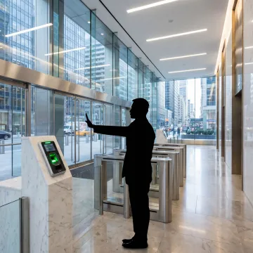 Biometric access control system installed at a NYC building entrance