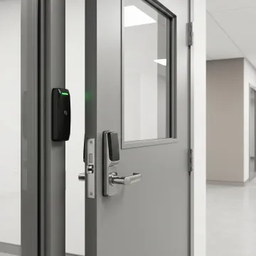 Biometric access control system securing a commercial doorway