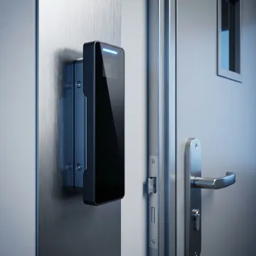 Biometric palm vein access control system at secure commercial entrance