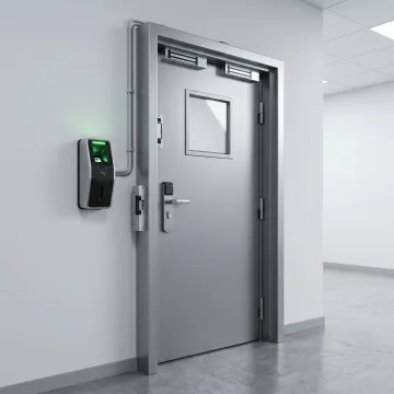 Biometric access control system installed at a commercial doorway