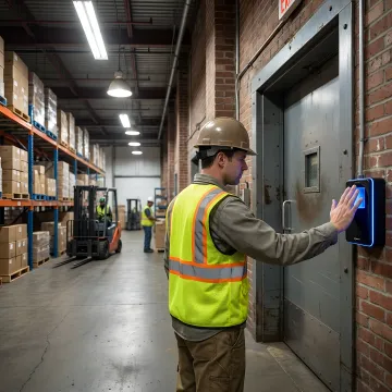 Technician installing a biometric reader at a secure commercial doorway